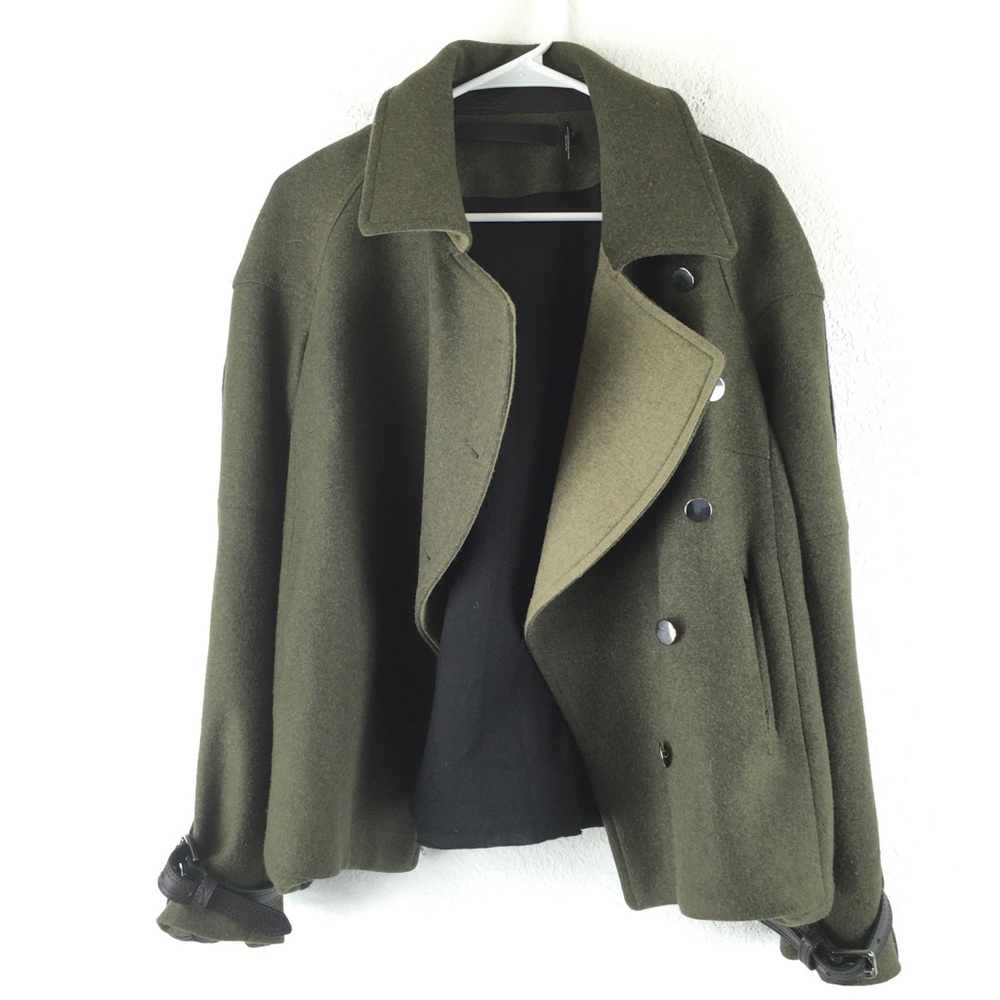 LAMB Designer Wool Jacket Coat Black Leather Green Women Size 6